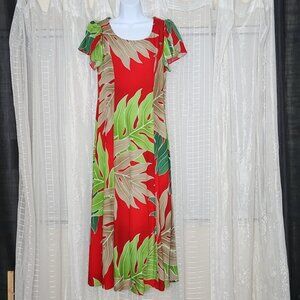 Red Vintage Midcentury Halo Hattie Bold Hawaiian Print Fitted Maxi Dress SzM